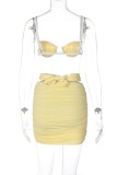 Yellow Sexy Solid Backless Spaghetti Strap Sleeveless Two Pieces