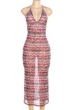 Purple Sexy Bohemian Print Bandage Backless Halter Long Dress Dresses