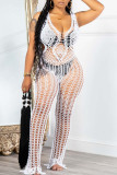 Pink Sexy Solid Hollowed Out Patchwork V Neck Regular Jumpsuits