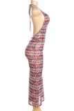 Purple Sexy Bohemian Print Bandage Backless Halter Long Dress Dresses