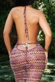 Purple Sexy Bohemian Print Bandage Backless Halter Long Dress Dresses