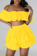 Yellow Sexy Street Solid Patchwork Flounce Off the Shoulder Short Sleeve Two Pieces