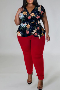 Red Casual Print Bandage Patchwork V Neck Plus Size Two Pieces