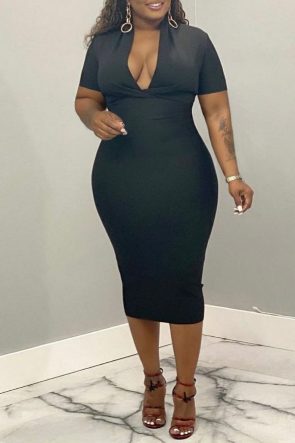 Black Casual Solid Patchwork V Neck Short Sleeve Dress