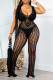 Black Sexy Solid Hollowed Out Patchwork V Neck Regular Jumpsuits
