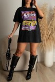Black Casual Print Basic O Neck T-Shirts