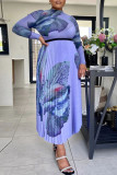 Light Purple Casual Print Patchwork Fold Without Belt O Neck Long Sleeve Two Pieces(Without Belt)