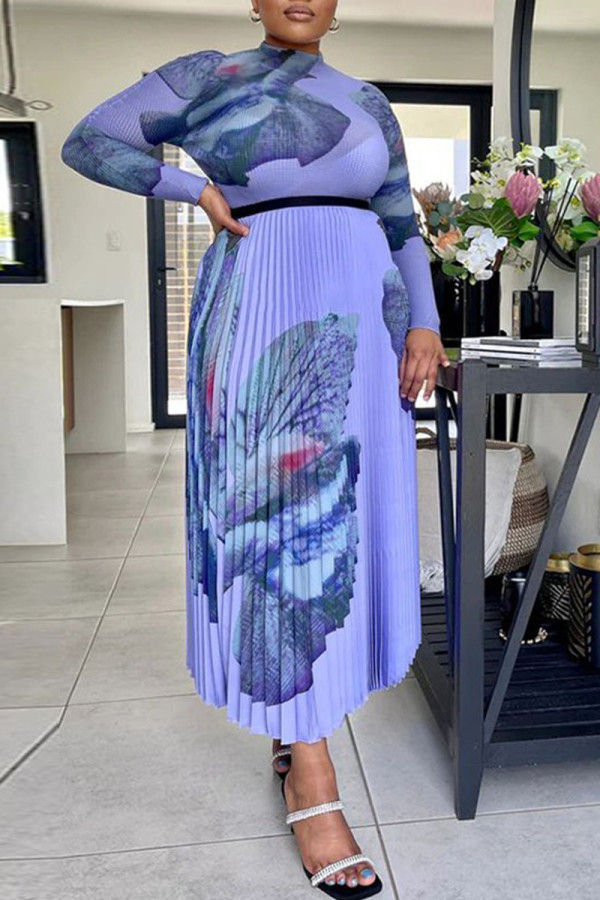 Light Purple Casual Print Patchwork Fold Without Belt O Neck Long Sleeve Two Pieces(Without Belt)
