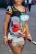 Colour Casual Print Basic O Neck Short Sleeve Dress