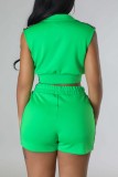Green Casual Solid Patchwork Zipper Collar Sleeveless Two Pieces