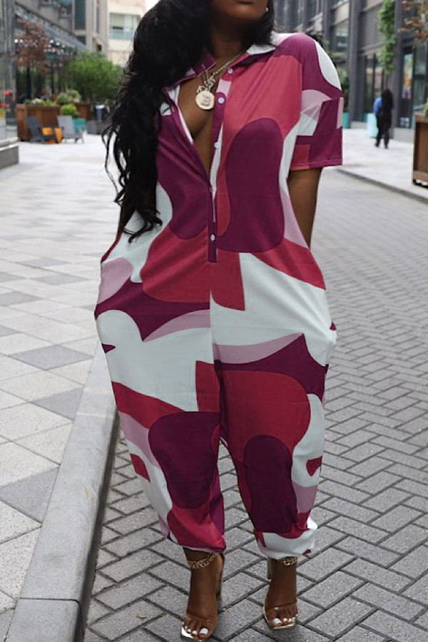Rose Red Casual Street Print Patchwork Zipper Collar Loose Jumpsuits