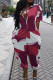 Rose Red Casual Street Print Patchwork Zipper Collar Loose Jumpsuits