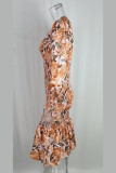 Khaki Daily Elegant Print Flounce V Neck Trumpet Mermaid Dresses