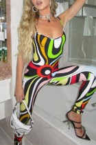 Colour Sexy Print Backless Spaghetti Strap Skinny Jumpsuits