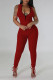 Burgundy Casual Solid Patchwork Stringy Selvedge Zipper Collar Skinny Jumpsuits