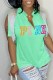 Light Green Street Letter Print Tassel Slit V Neck T-Shirts