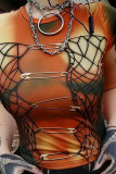 Orange Sexy Street Print Patchwork Metal Accessories Decoration O Neck T-Shirts