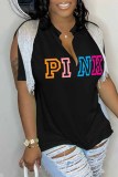 Blue Street Letter Print Tassel Slit V Neck T-Shirts