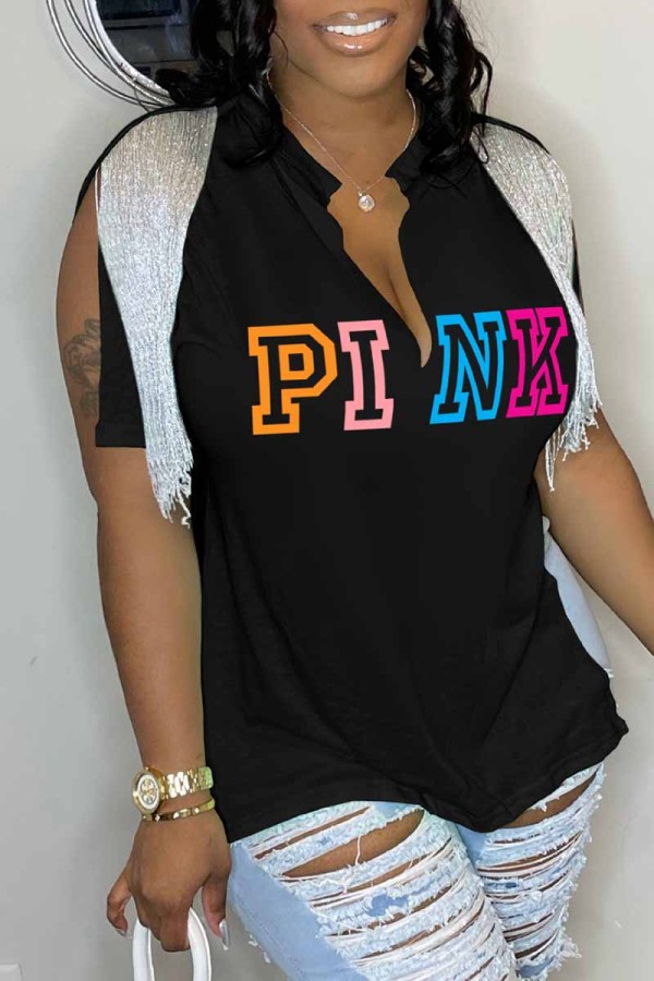 Black Street Letter Print Tassel Slit V Neck T-Shirts