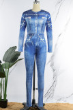Blue Casual Print Basic O Neck Skinny Jumpsuits