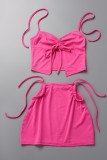Rose Red Sexy Solid Draw String Frenulum Backless Halter Sleeveless Two Pieces