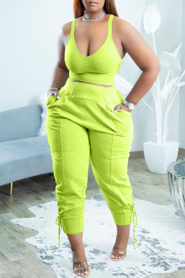 Fluorescent Green Casual Sportswear Simplicity Solid Bandage Vests Spaghetti Strap Sleeveless Two Pieces