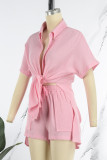 Pink Casual Solid Patchwork Shirt Collar Short Sleeve Two Pieces