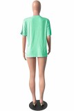 Blue Street Letter Print Tassel Slit V Neck T-Shirts