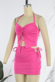 Rose Red Sexy Solid Draw String Frenulum Backless Halter Sleeveless Two Pieces