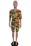 Orange Fashion Casual Patchwork Camouflage Two Piece Suits pencil Short Sleeve Two Pieces