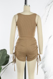 Coffee Casual Solid Bandage Patchwork U Neck Sleeveless Two Pieces
