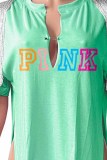 Blue Street Letter Print Tassel Slit V Neck T-Shirts
