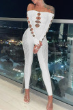 White Sexy Casual Solid Pierced Mesh Off the Shoulder Skinny Jumpsuits
