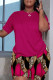 Rose Red Casual Print Basic O Neck Short Sleeve Two Pieces