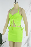 Rose Red Sexy Solid Draw String Frenulum Backless Halter Sleeveless Two Pieces