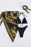 Gold Sexy Print Bandage Backless Four Piece Set (With Paddings)
