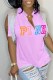 Light Purple Street Letter Print Tassel Slit V Neck T-Shirts
