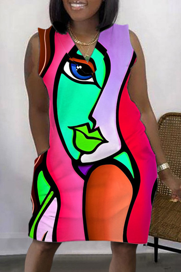 Rose Purple Casual Print Patchwork V Neck Sleeveless Dress Dresses