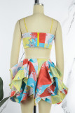 Colour Sexy Print Sequins Patchwork Flounce Spaghetti Strap Sleeveless Two Pieces