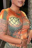 Orange Sexy Street Print Patchwork Metal Accessories Decoration O Neck T-Shirts