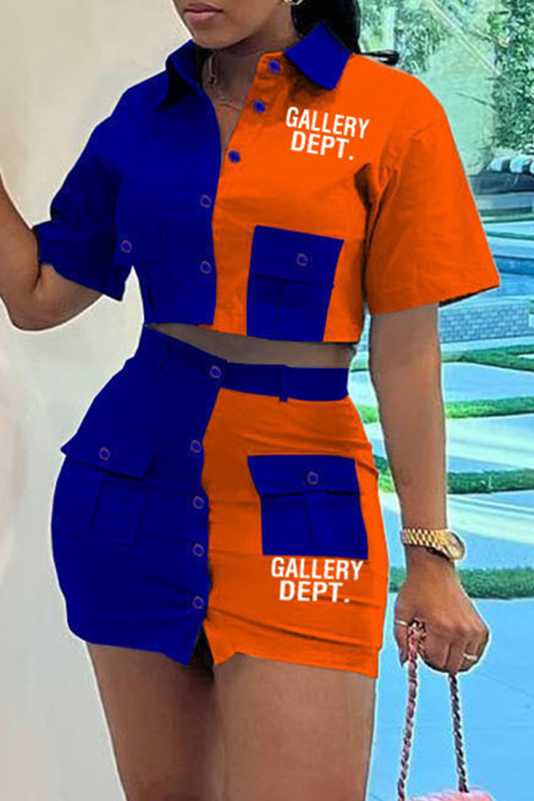 Blue Casual Letter Print Patchwork Contrast Shirt Collar Short Sleeve Two Pieces