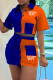 Blue Casual Letter Print Patchwork Contrast Shirt Collar Short Sleeve Two Pieces