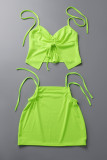 Rose Red Sexy Solid Draw String Frenulum Backless Halter Sleeveless Two Pieces
