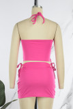 Rose Red Sexy Solid Draw String Frenulum Backless Halter Sleeveless Two Pieces