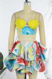 Colour Sexy Print Sequins Patchwork Flounce Spaghetti Strap Sleeveless Two Pieces