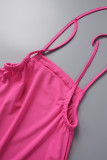 Rose Red Sexy Solid Draw String Frenulum Backless Halter Sleeveless Two Pieces