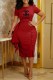 Red Work Print Slit Letter O Neck One Step Skirt Dresses