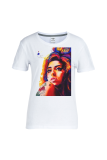 White Casual Print Patchwork O Neck T-Shirts