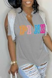 Blue Street Letter Print Tassel Slit V Neck T-Shirts