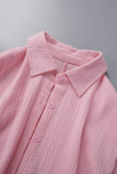Pink Casual Solid Patchwork Shirt Collar Short Sleeve Two Pieces